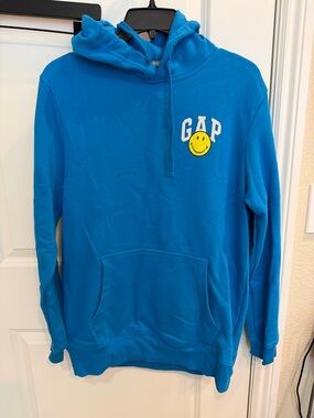 GAP Bright Blue Crewneck Hoodie with Yellow Smile Logo